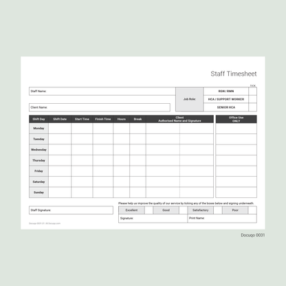 Agency Staff Timesheet (UK, A4 Fillable PDF) – Nursing, Care & Support Worker Template (Docuqo 0031)