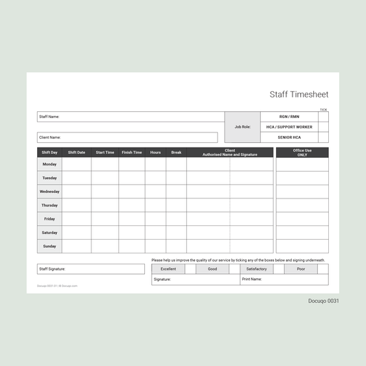 Agency Staff Timesheet (UK, A4 Fillable PDF) – Nursing, Care & Support Worker Template (Docuqo 0031)