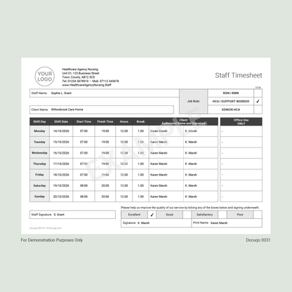 Agency Staff Timesheet (UK, A4 Fillable PDF) – Nursing, Care & Support Worker Template (Docuqo 0031)