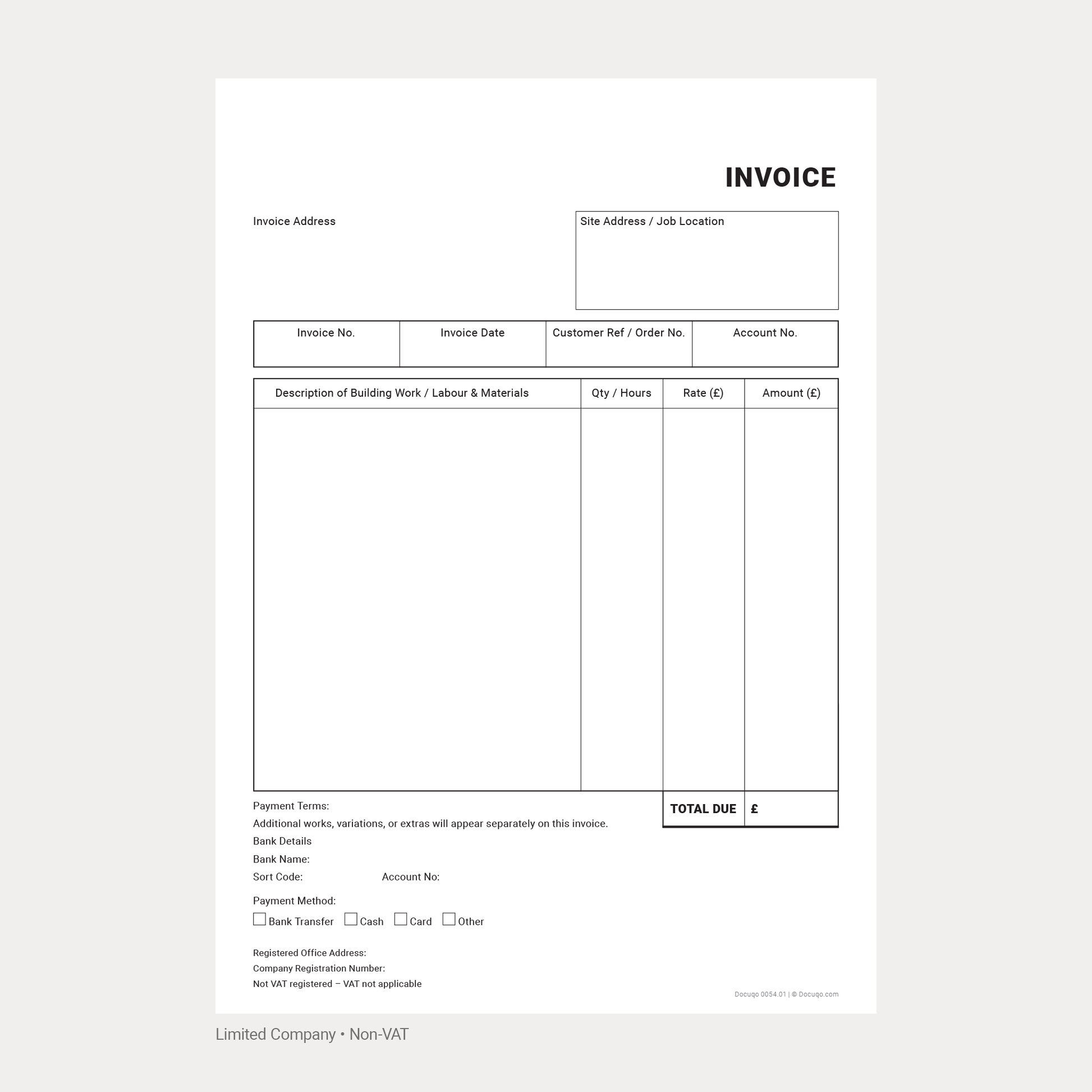 Example Builder Non-VAT Invoice Template UK – Limited Company (Docuqo 0054)
