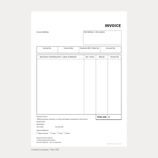 Example Builder Non-VAT Invoice Template UK – Limited Company (Docuqo 0054)