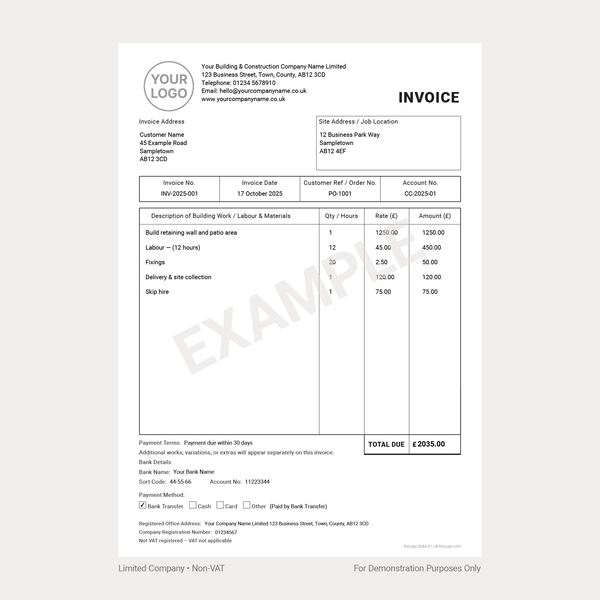 Builder Non-VAT Invoice Template UK for Ltd, Partnership & Sole Trader ...