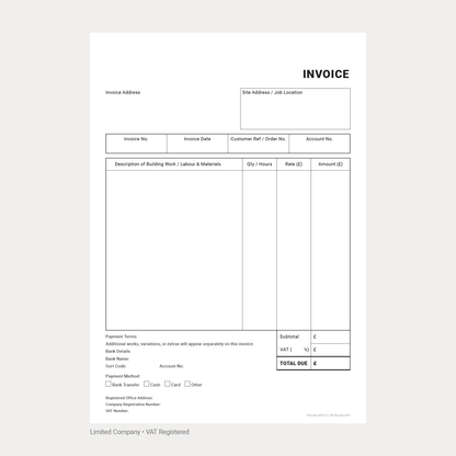 Builder VAT Invoice Template Pack UK – Limited Company blank template (Docuqo 0053)
