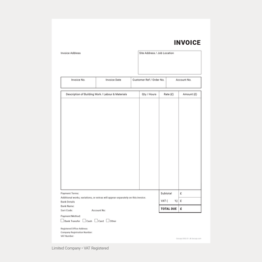 Builder VAT Invoice Template Pack UK – Limited Company blank template (Docuqo 0053)
