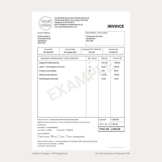 Builder VAT Invoice Template Pack UK – Limited Company version (Docuqo 0053) example preview