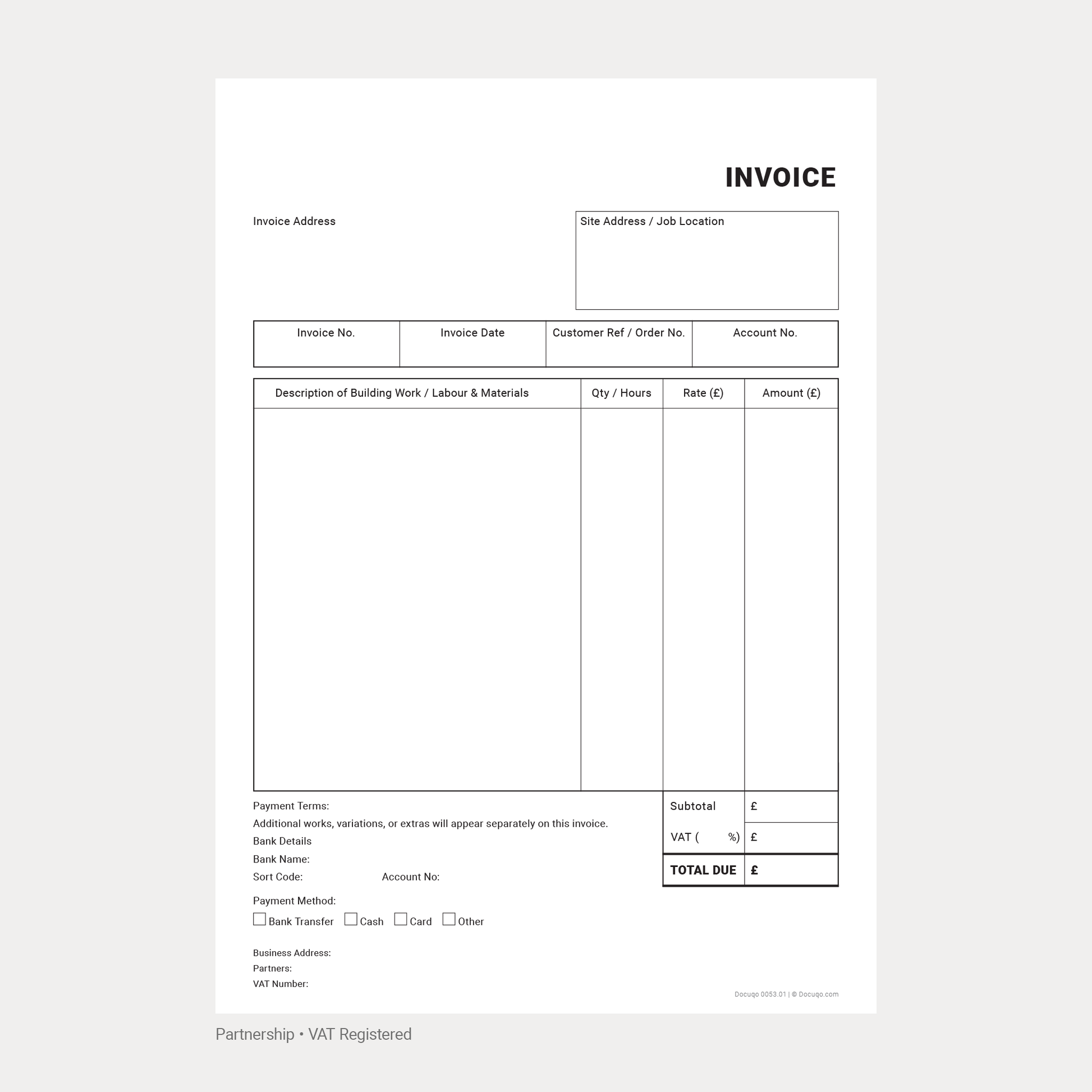 Builder VAT Invoice Template Pack UK – Partnership blank template (Docuqo 0053)