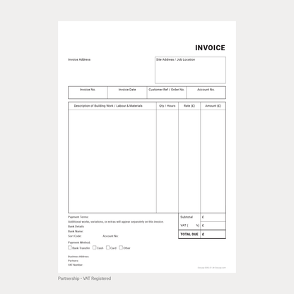 Builder Invoice Complete Pack UK – VAT & Non-VAT A4 Fillable PDFs for Limited Company, Partnership & Sole Trader (Docuqo 0055)