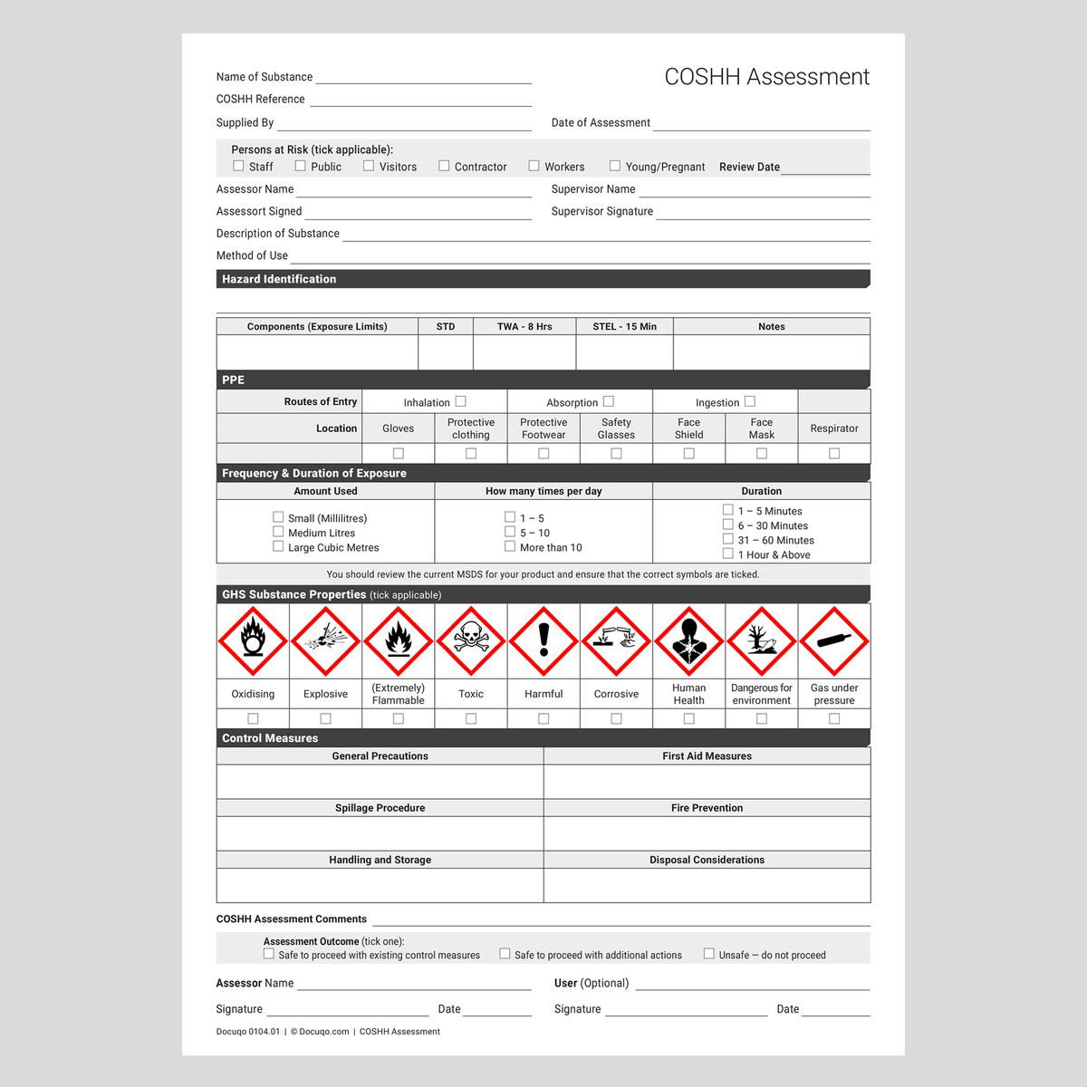 COSHH Assessment Template UK | A4 Fillable PDF – Docuqo 0104