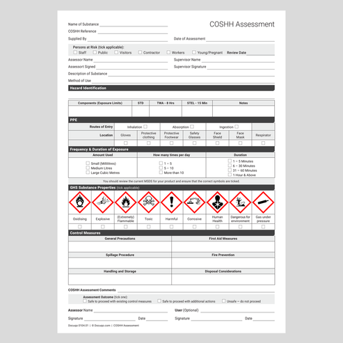 COSHH Assessment Template UK | A4 Fillable PDF – Docuqo 0104