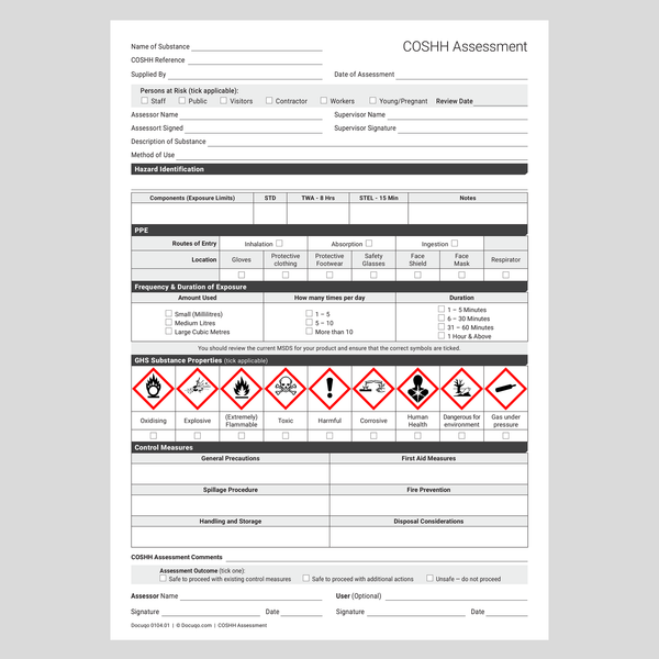 COSHH Assessment Template UK | A4 Fillable PDF – Docuqo 0104