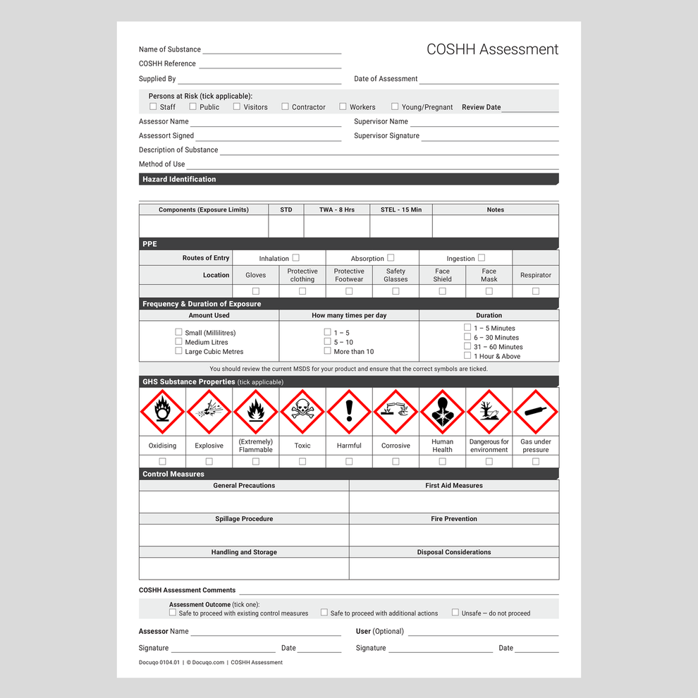 COSHH Assessment Template UK | A4 Fillable PDF – Docuqo 0104