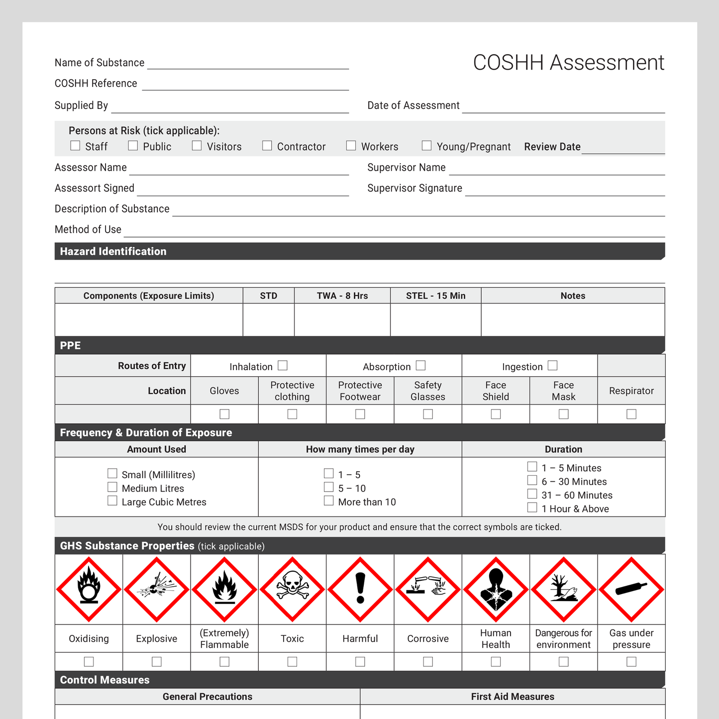 COSHH Assessment Template (UK, A4 Fillable PDF) – Docuqo 0104