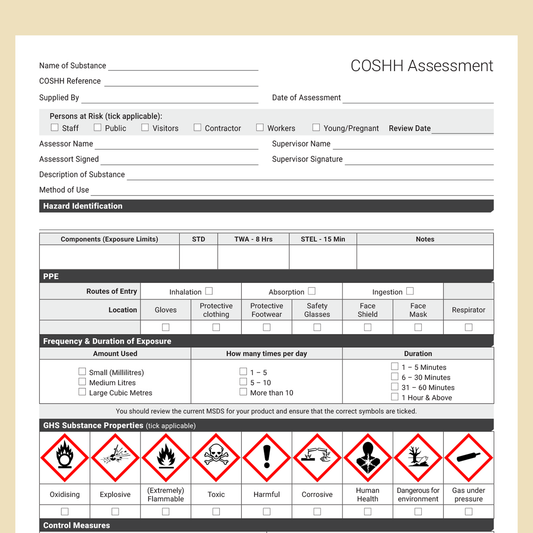 COSHH Assessment Template (UK, A4 Fillable PDF) – Docuqo 0104