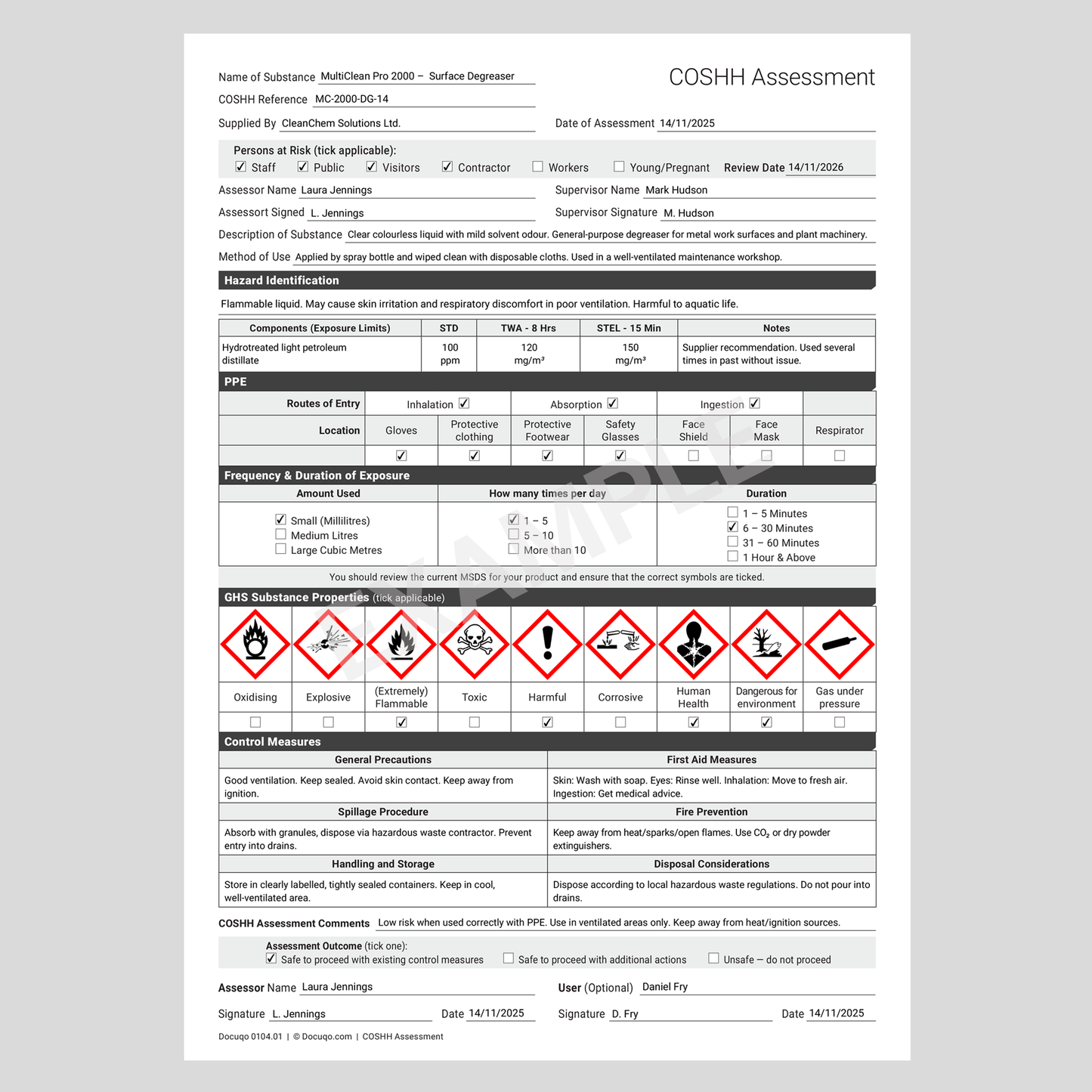 COSHH Assessment Template (UK, A4 Fillable PDF) – Docuqo 0104