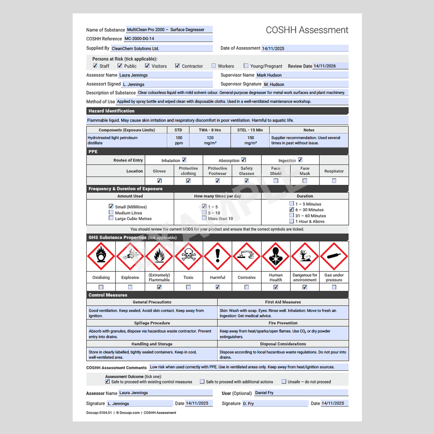 COSHH Assessment Template (UK, A4 Fillable PDF) – Docuqo 0104