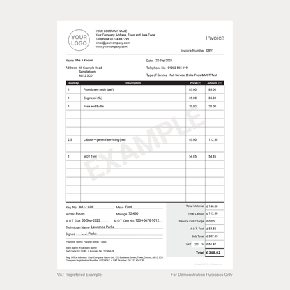 Car Garage Service & MOT Invoice Template – A4 UK Fillable PDF (VAT & Non-VAT) (Docuqo 0021)