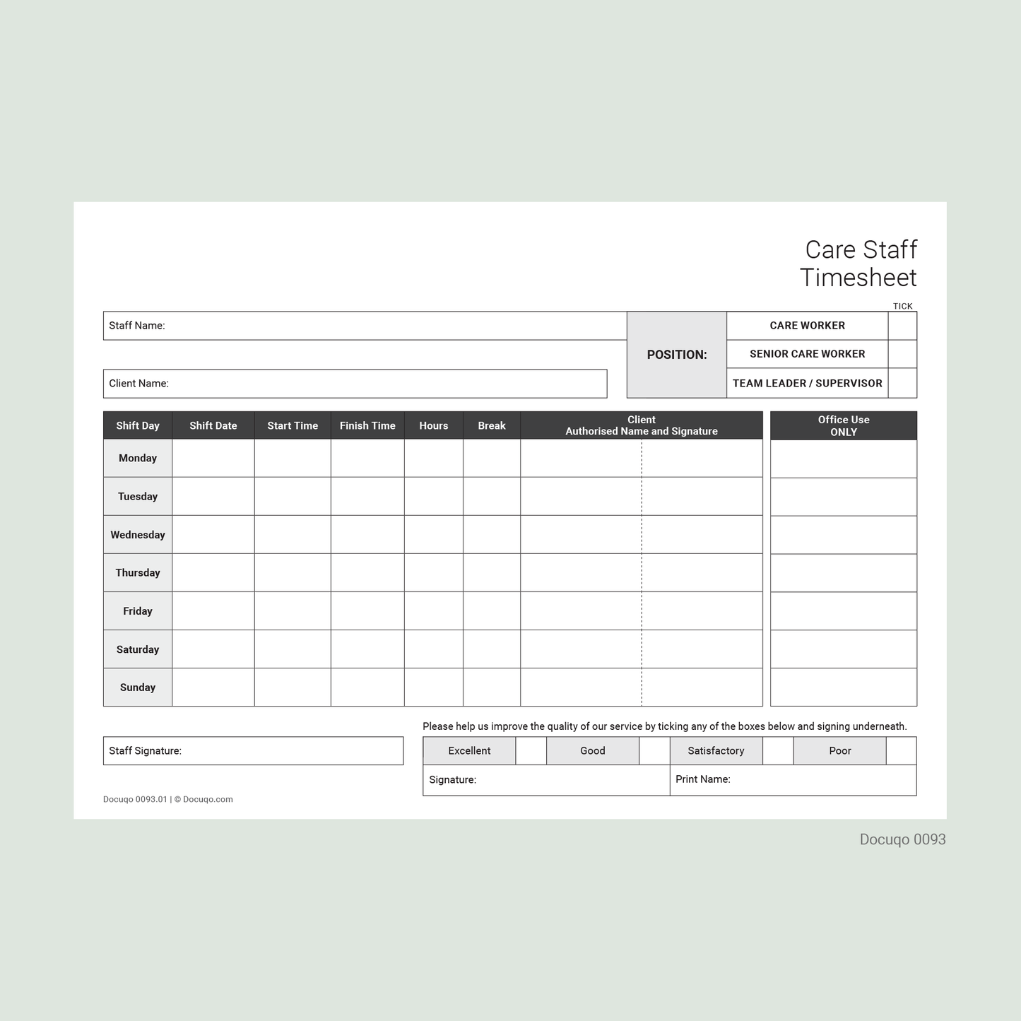 Blank Example Care Staff Weekly Timesheet Template for UK Care Workers and Team Leaders – A4 Fillable PDF (Docuqo 0093)