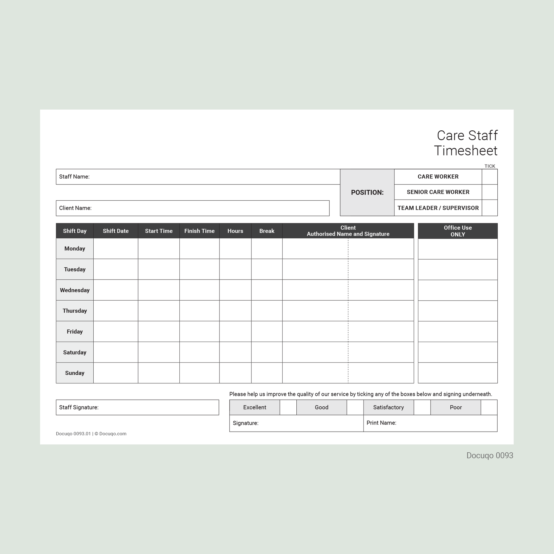 Blank Example Care Staff Weekly Timesheet Template for UK Care Workers and Team Leaders – A4 Fillable PDF (Docuqo 0093)