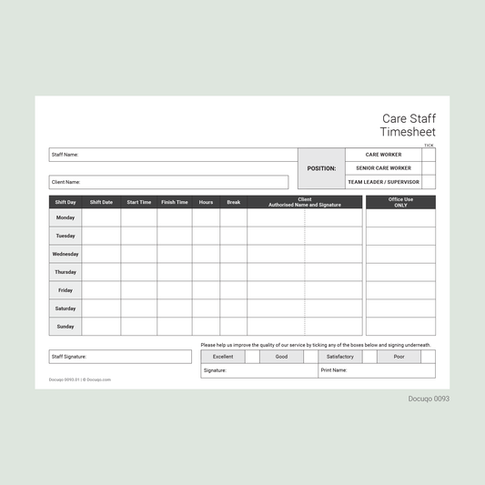 Blank Example Care Staff Weekly Timesheet Template for UK Care Workers and Team Leaders – A4 Fillable PDF (Docuqo 0093)