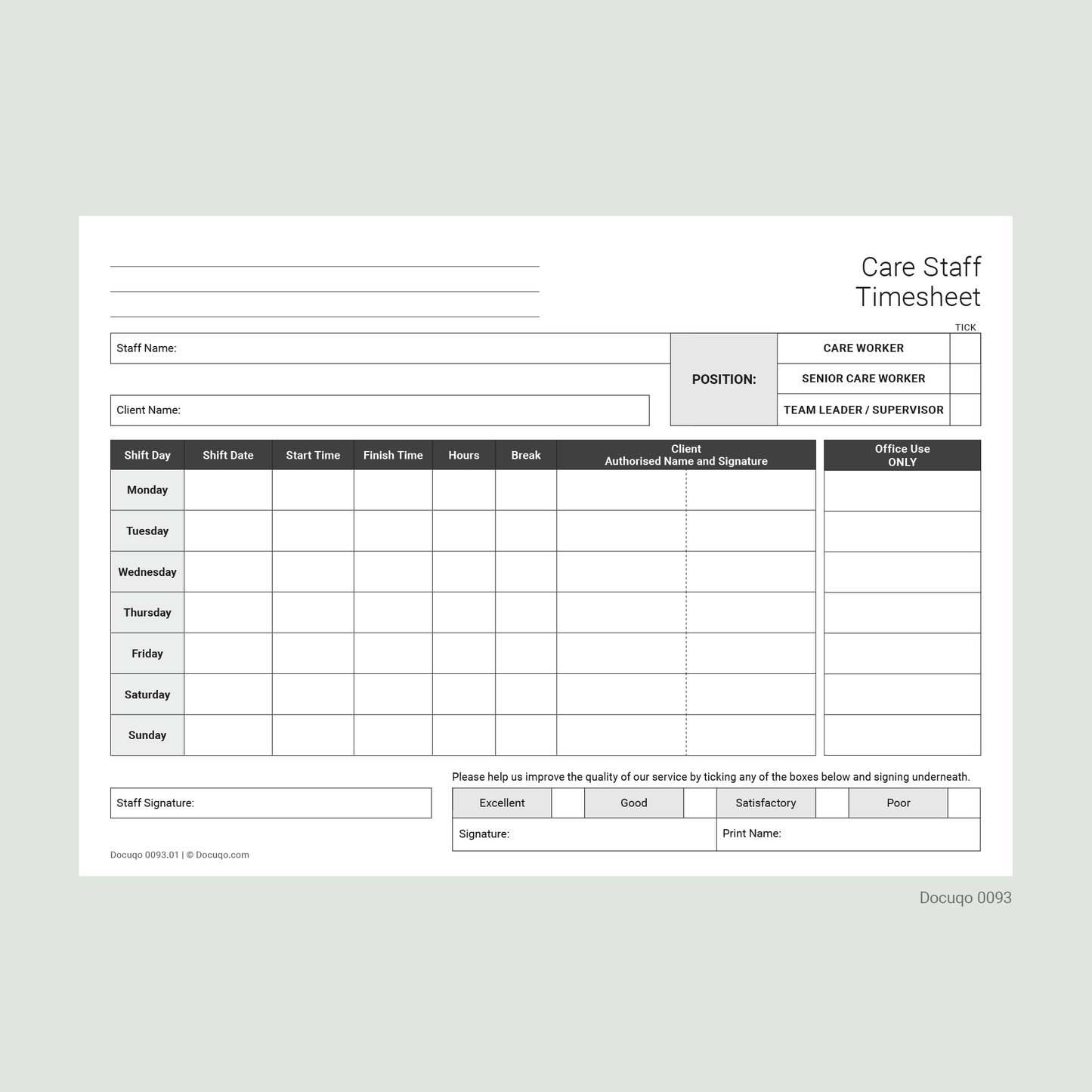 Health & Care Staff Weekly Timesheet Pack (UK, A4 Fillable PDFs) – Nursing, Agency & Care Templates (Docuqo 0094)