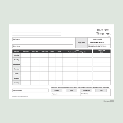 Health & Care Staff Weekly Timesheet Pack (UK, A4 Fillable PDFs) – Nursing, Agency & Care Templates (Docuqo 0094)
