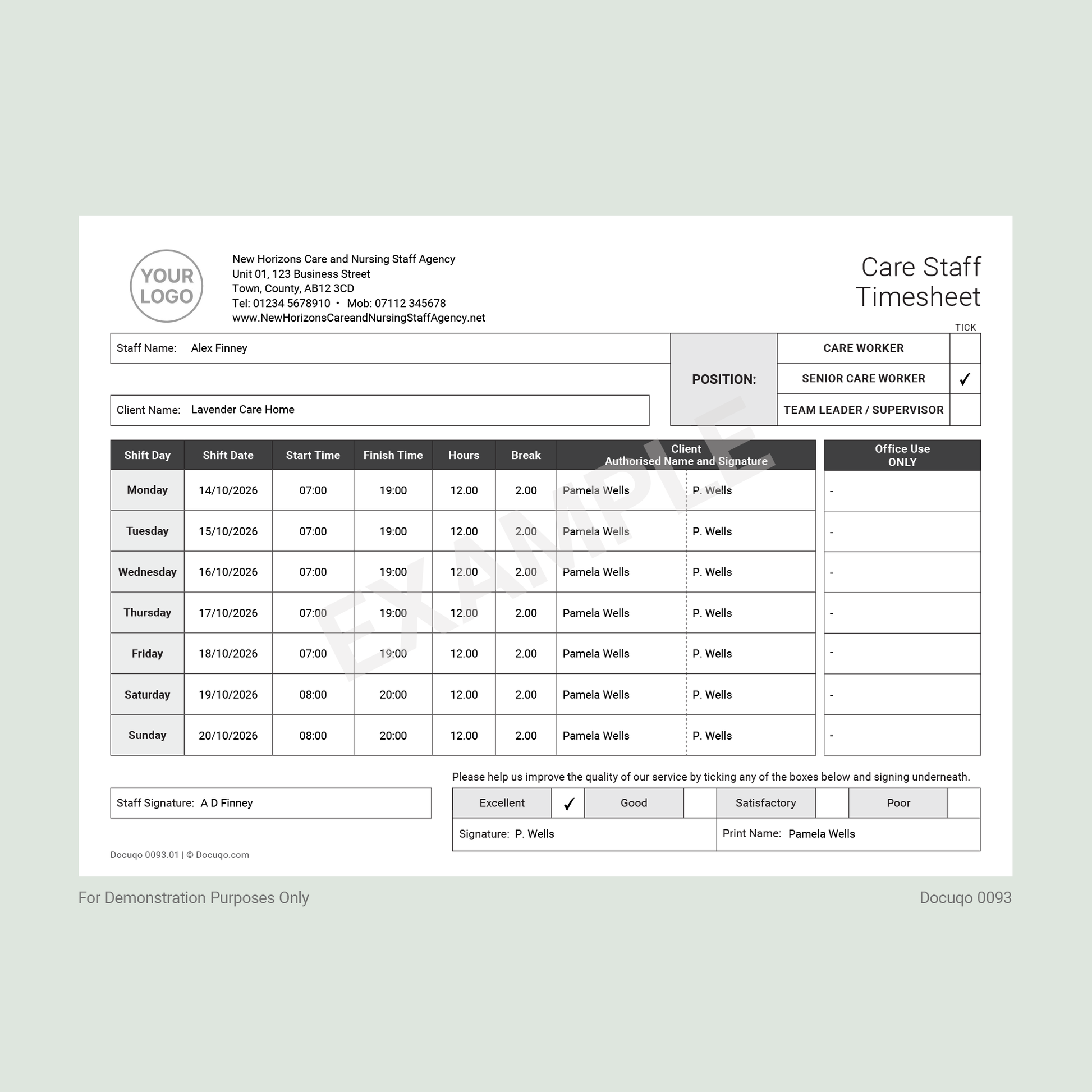 Example Care Staff Weekly Timesheet Template for UK Care Workers and Team Leaders – A4 Fillable PDF Download (Docuqo 0093)