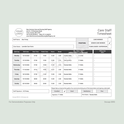 Example Care Staff Weekly Timesheet Template for UK Care Workers and Team Leaders – A4 Fillable PDF Download (Docuqo 0093)