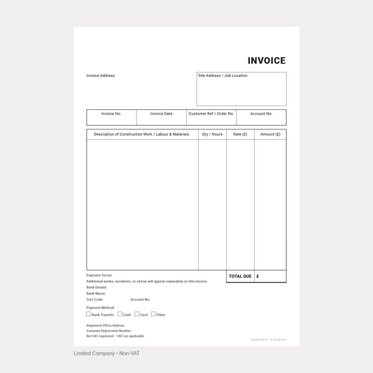 Construction Non-VAT Invoice Template Pack UK – A4 Fillable PDFs for Limited Company, Partnership & Sole Trader (Docuqo 0057)