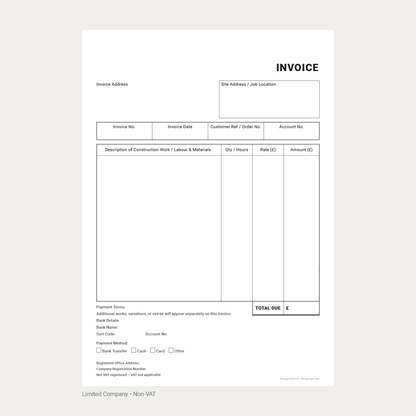 Construction Invoice Template Pack UK – VAT & Non-VAT A4 Fillable PDFs for Limited, Partnership & Sole Trader (Docuqo 0058)