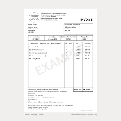 Construction Invoice Template Pack UK – VAT & Non-VAT A4 Fillable PDFs for Limited, Partnership & Sole Trader (Docuqo 0058)