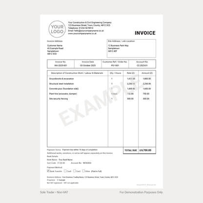 Construction Non-VAT Invoice Template Pack UK – A4 Fillable PDFs for Limited Company, Partnership & Sole Trader (Docuqo 0057)