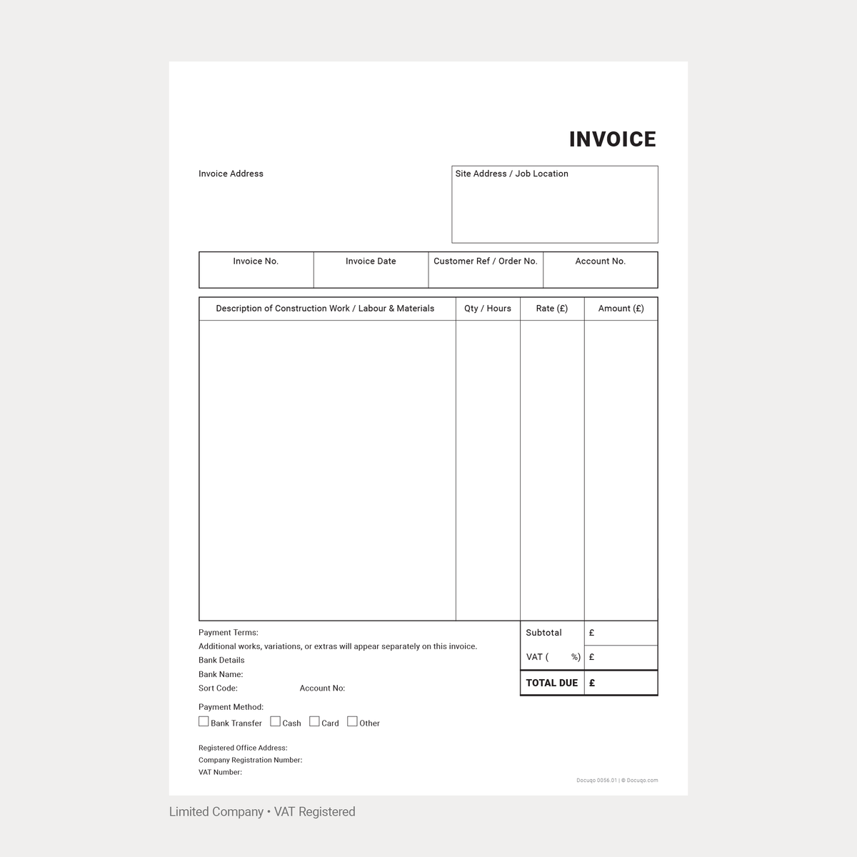 Construction Invoice Pack UK – VAT & Non-VAT Templates (Docuqo 0058)