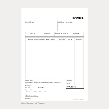 Construction Invoice Template Pack UK – VAT & Non-VAT A4 Fillable PDFs for Limited, Partnership & Sole Trader (Docuqo 0058)