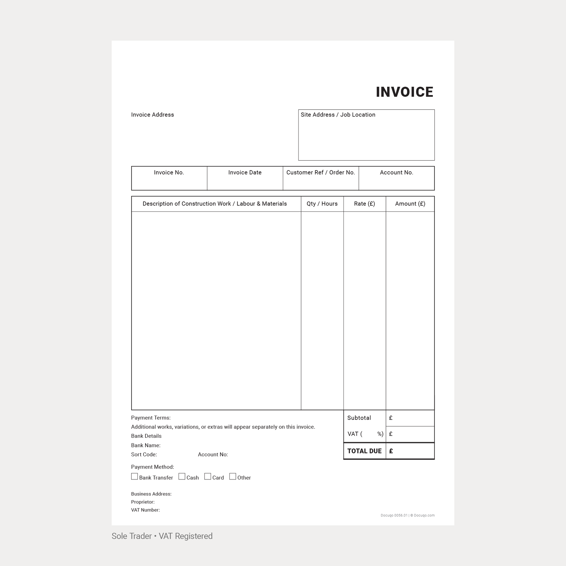Construction VAT Invoice Template – Sole Trader Example Blank Form (Docuqo 0056)