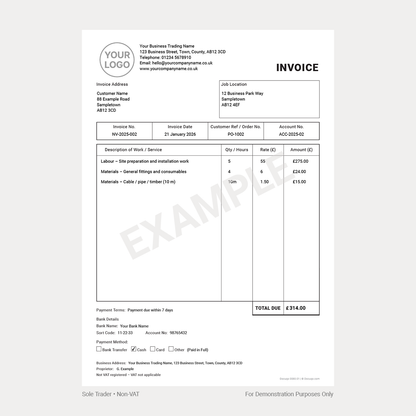 Example Contractor VAT Invoice Template – Sole Trader Layout (Docuqo 0080)