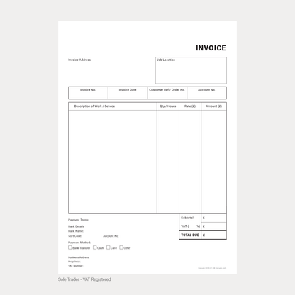 Blank Version of Sole Trader VAT Registered Invoice Template PDF for Sole Trader - Download Today (Docuqo 0080)