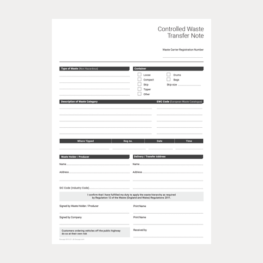 Controlled Waste Transfer Note Template UK – A4 Fillable & Printable PDF (Docuqo 0013)