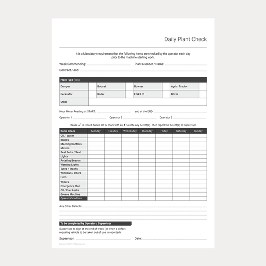 Daily Plant Checklist Template – Fillable PDF A4 Download (Docuqo 0006)