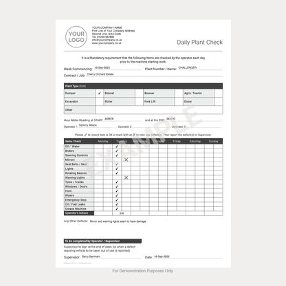 Daily Plant Checklist Template – Fillable PDF A4 Download (Docuqo 0006)