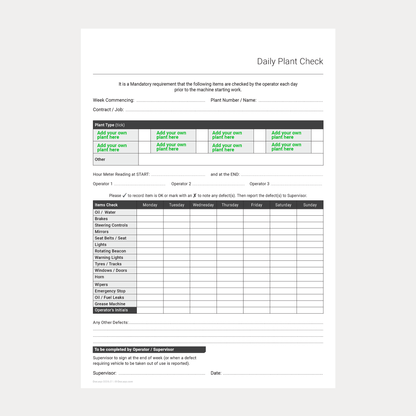 Daily Plant Checklist Template – Fillable PDF A4 Download (Docuqo 0006)