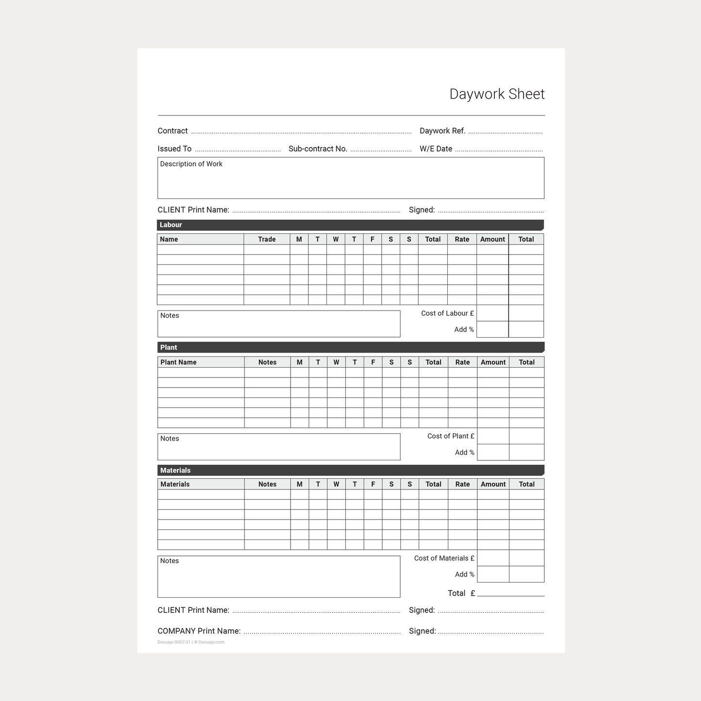 Blank Daywork Timesheet PDF template for printing and handwriting – Docuqo 0007
