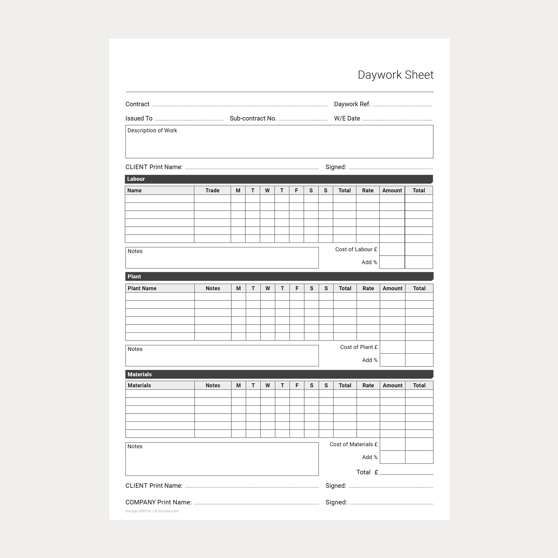 Blank Daywork Timesheet PDF template for printing and handwriting – Docuqo 0007