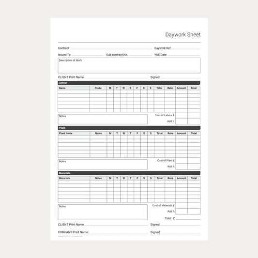 Blank Daywork Timesheet PDF template for printing and handwriting – Docuqo 0007