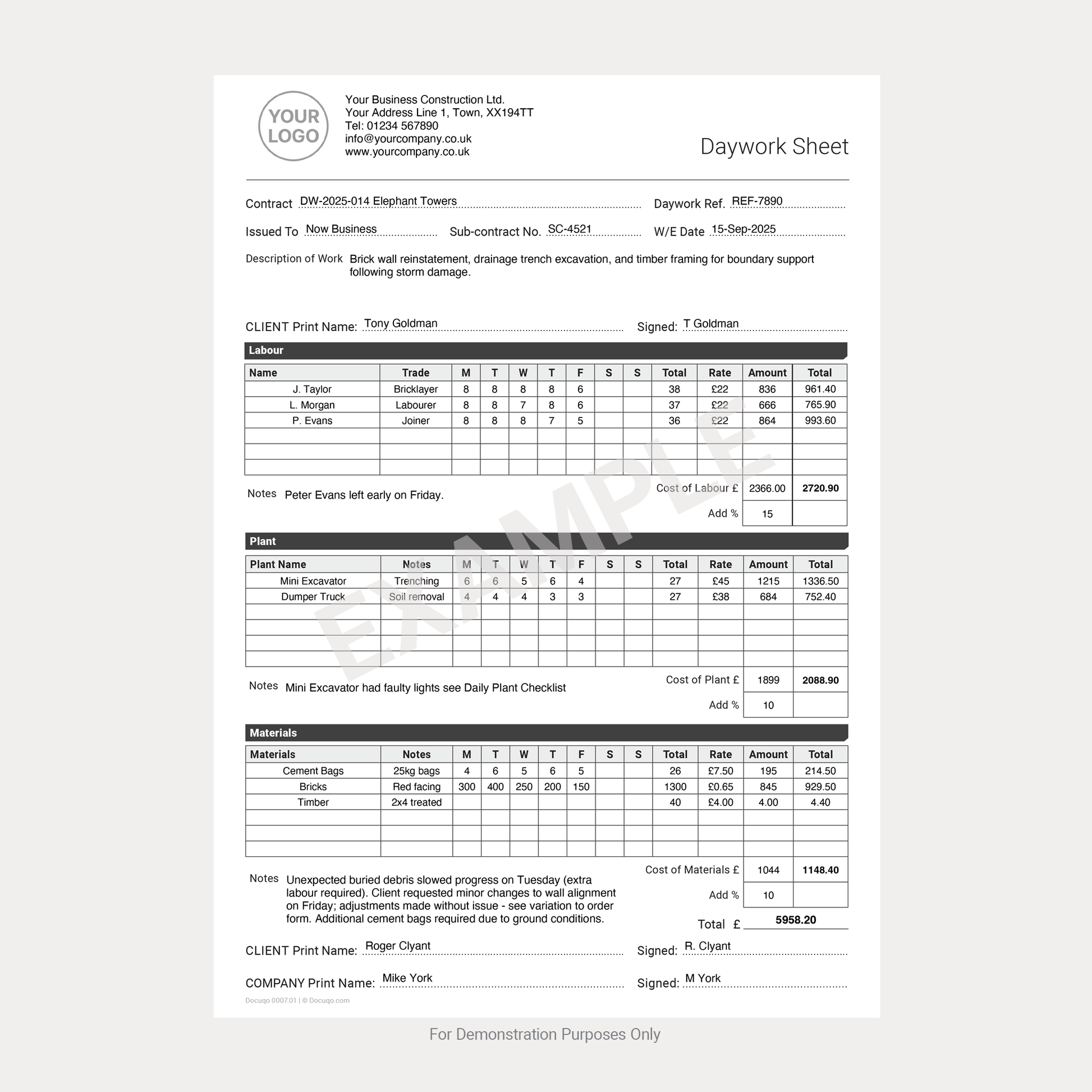 Completed Fillable Daywork Timesheet example showing labour, plant, materials, and total costs – Docuqo 0007