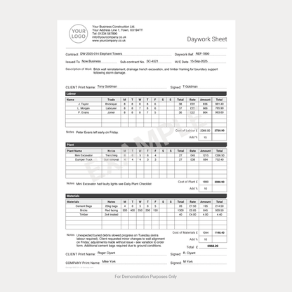 Completed Fillable Daywork Timesheet example showing labour, plant, materials, and total costs – Docuqo 0007