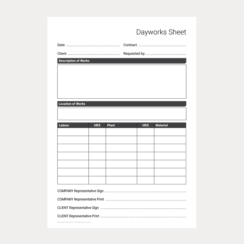 Dayworks Sheet PDF Template A4 & A5 – Docuqo 0010 & 0011