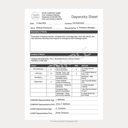 Completed Fillable Dayworks Sheet example showing labour, plant, materials, and site details – Docuqo 0010
