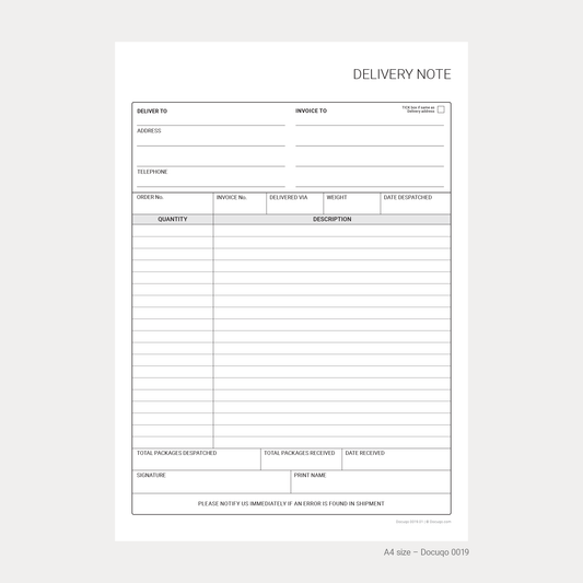 Professional delivery note template in A4 size. Editable, fillable PDF for recording shipments. Instant download.