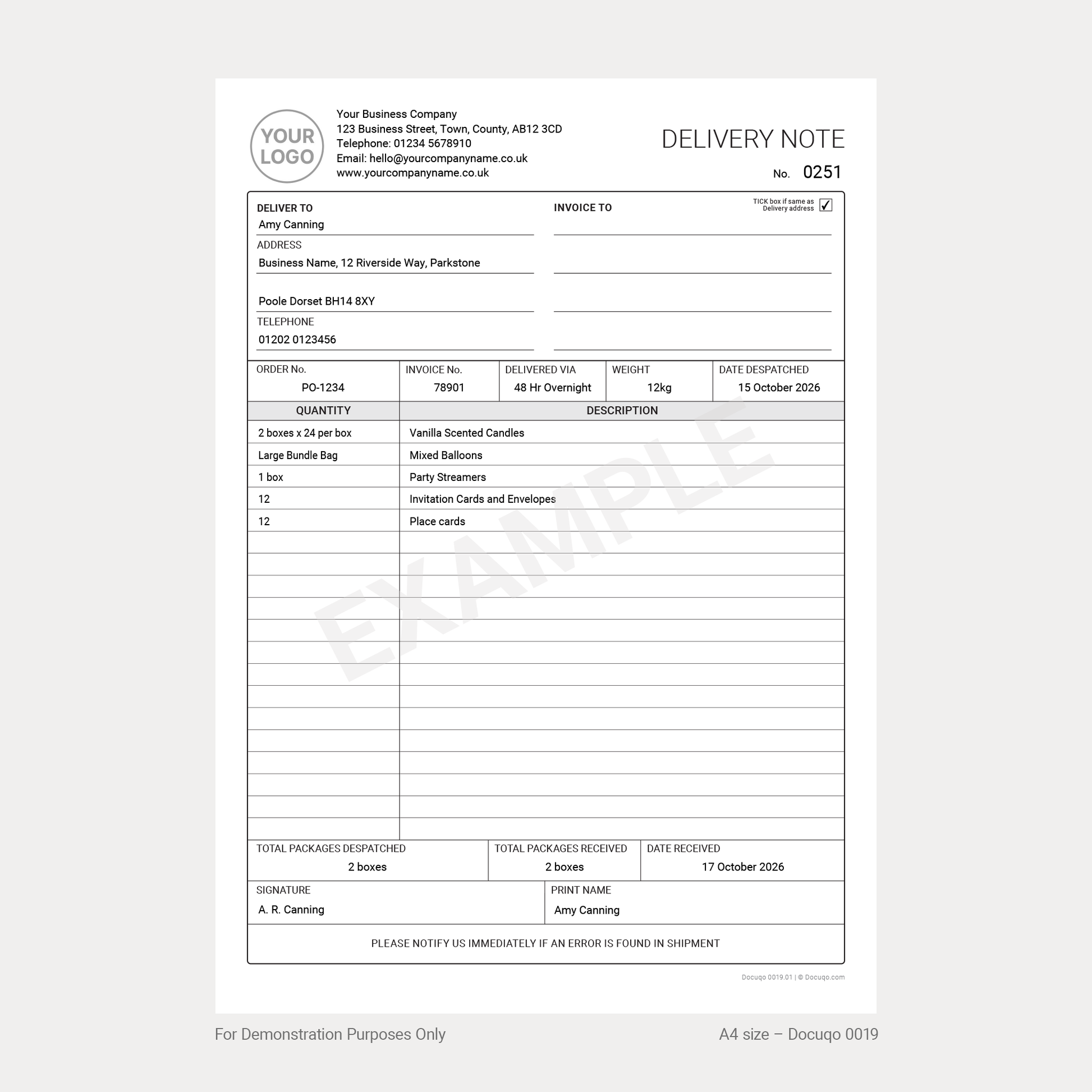 Professional delivery note template in UK A4 size. Editable, fillable PDF TEMPLATE for recording customer deliveries. Instant download.