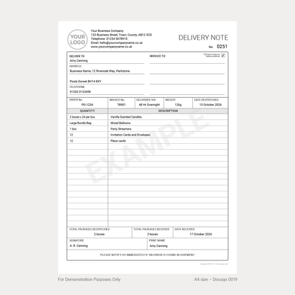 Professional delivery note template in UK A4 size. Editable, fillable PDF TEMPLATE for recording customer deliveries. Instant download.